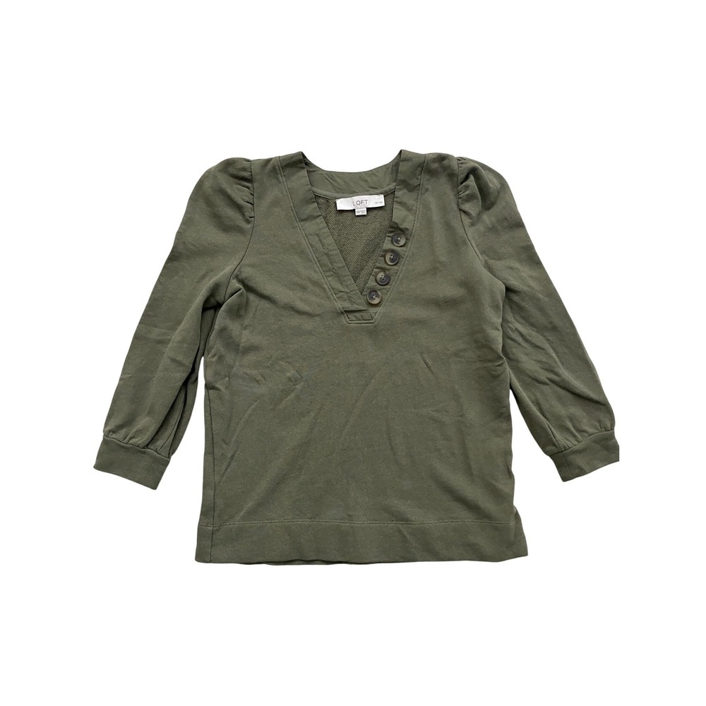 Loft Petites Womens XXSP Olive Greenβ Puff Sleeve V-Neck Button Sweatshirt Top